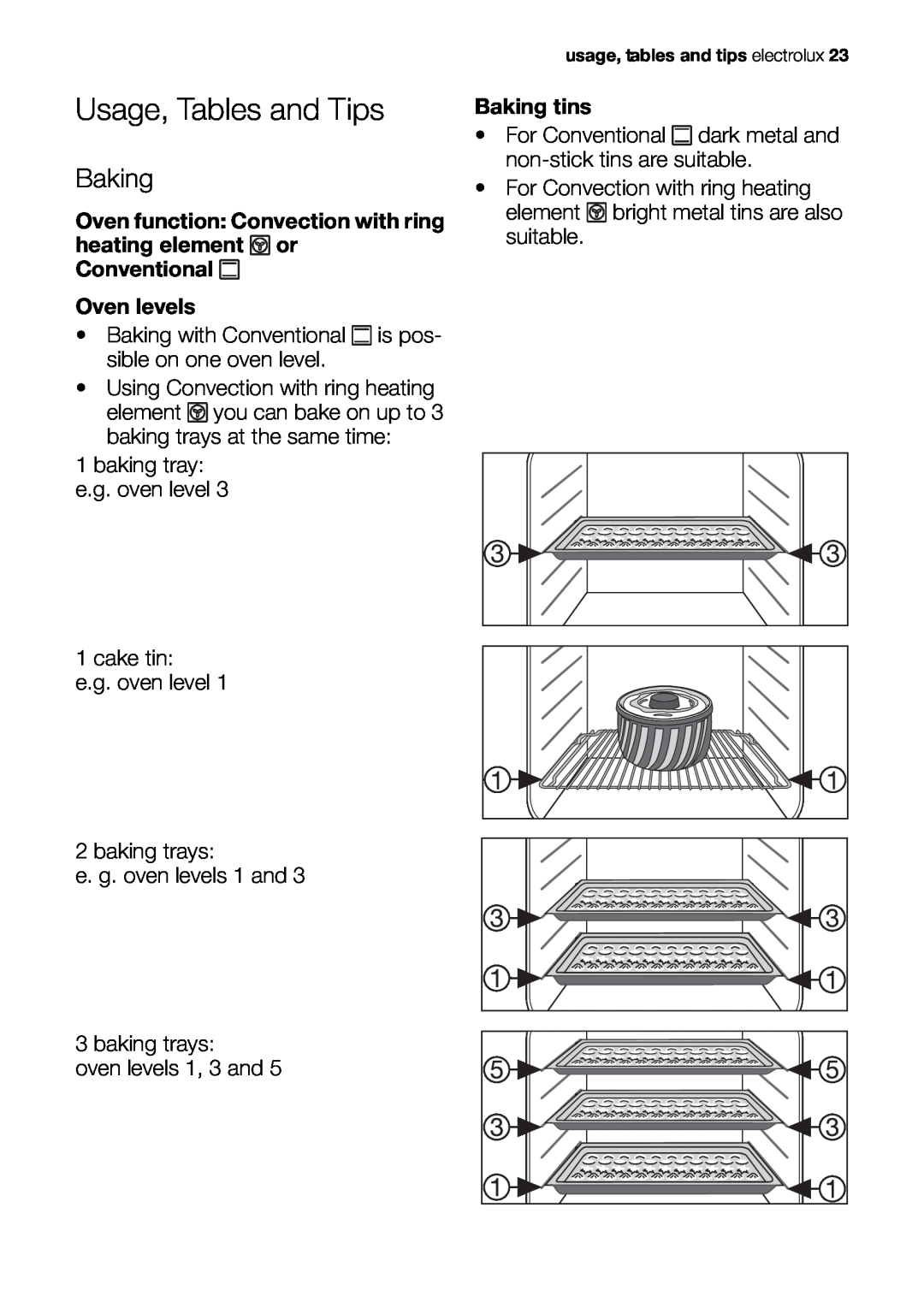 Electrolux EOB63100 user manual Usage, Tables and Tips, Baking 