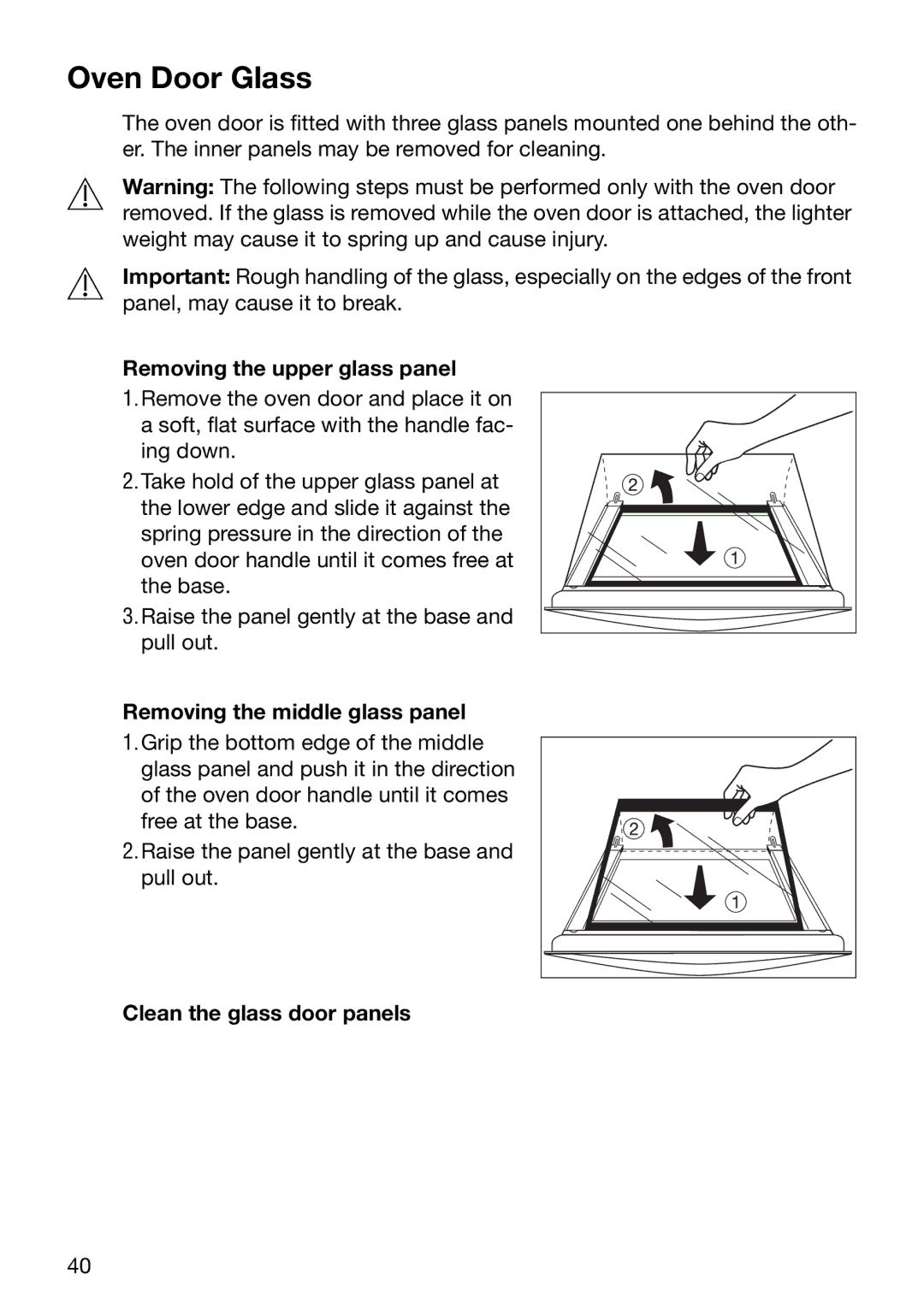 Electrolux EOB6630 manual Oven Door Glass, Removing the upper glass panel, Removing the middle glass panel 