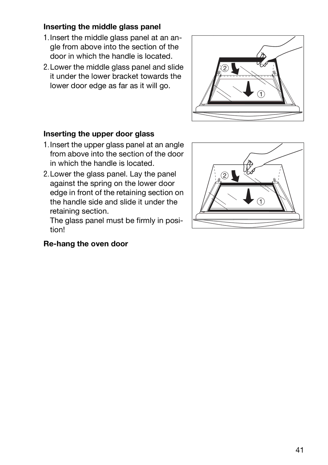 Electrolux EOB6630 manual Inserting the middle glass panel, Inserting the upper door glass, Re-hang the oven door 