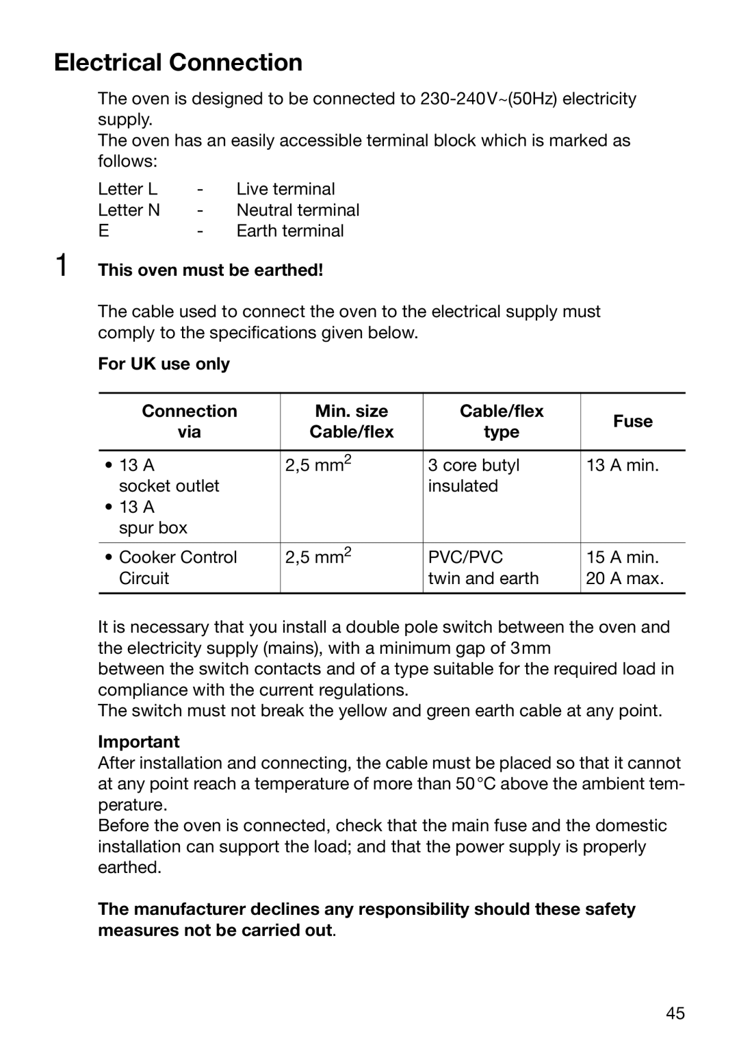 Electrolux EOB6630 manual Electrical Connection, This oven must be earthed, Type 