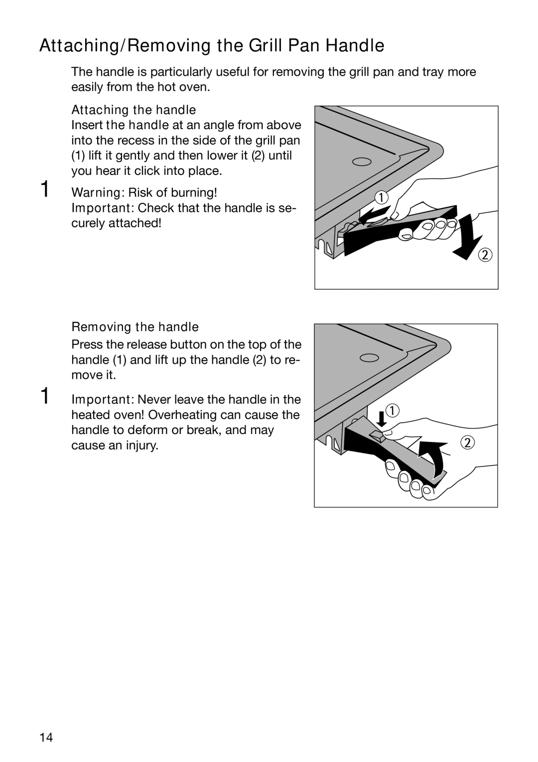 Electrolux EOB6632 manual Attaching/Removing the Grill Pan Handle, Attaching the handle, Removing the handle 