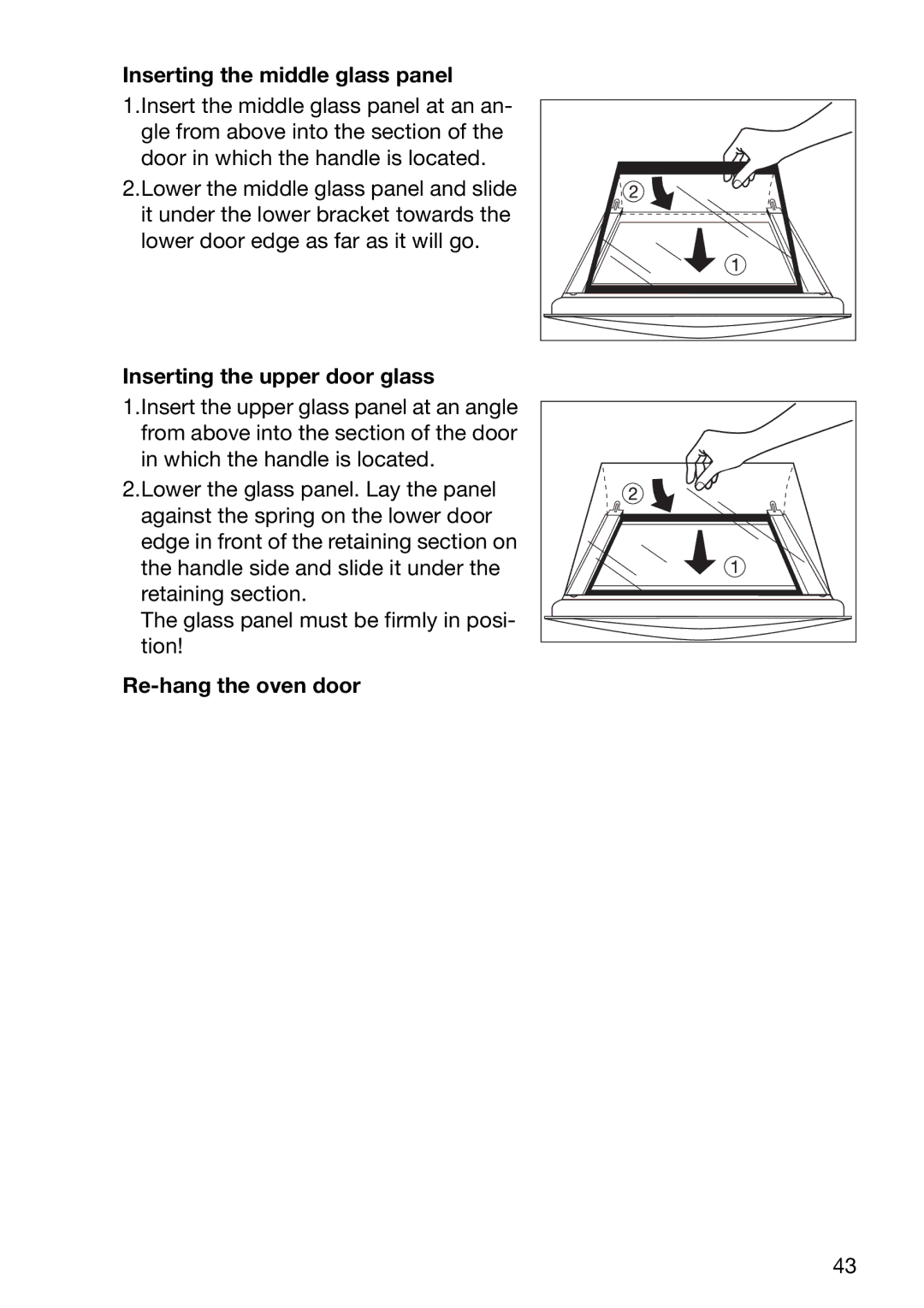 Electrolux EOB6632 manual Inserting the middle glass panel, Inserting the upper door glass, Re-hang the oven door 