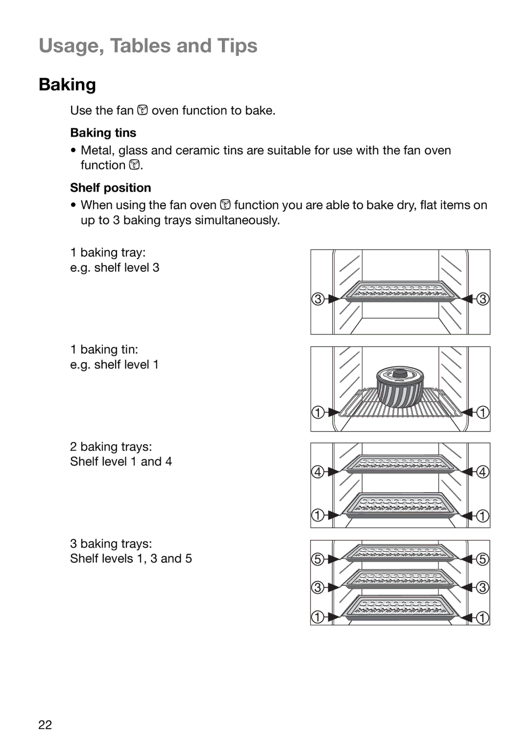 Electrolux EOB6636 manual Usage, Tables and Tips, Baking tins, Shelf position 