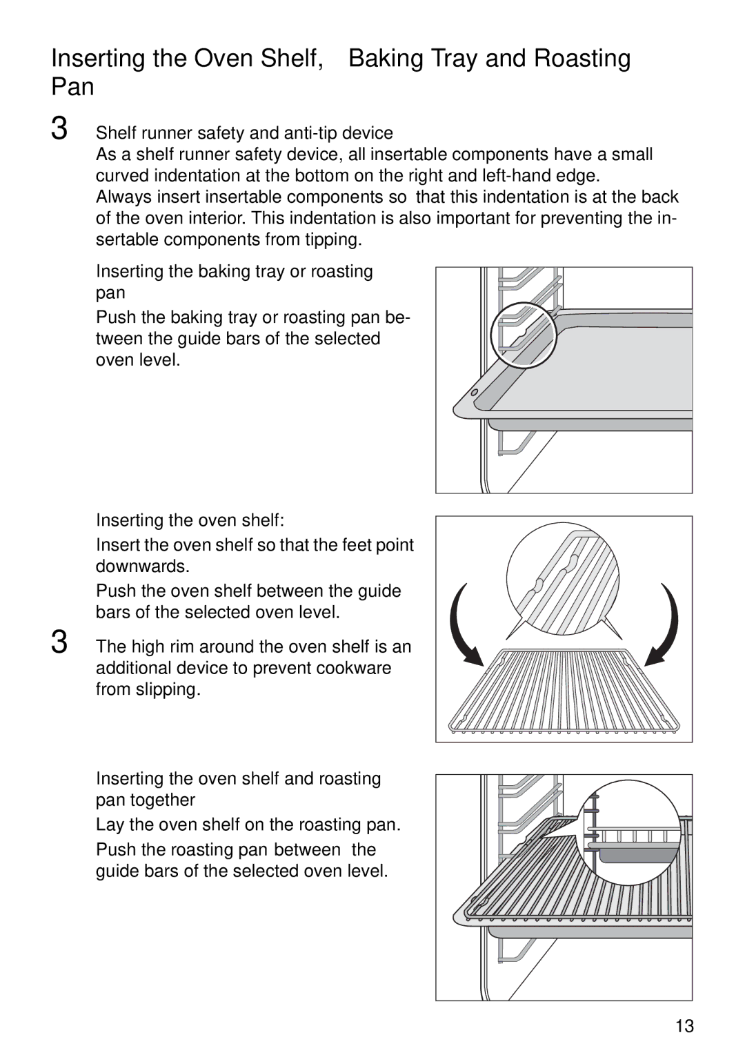 Electrolux EOB6637 manual Inserting the Oven Shelf, Baking Tray and Roasting Pan, Shelf runner safety and anti-tip device 