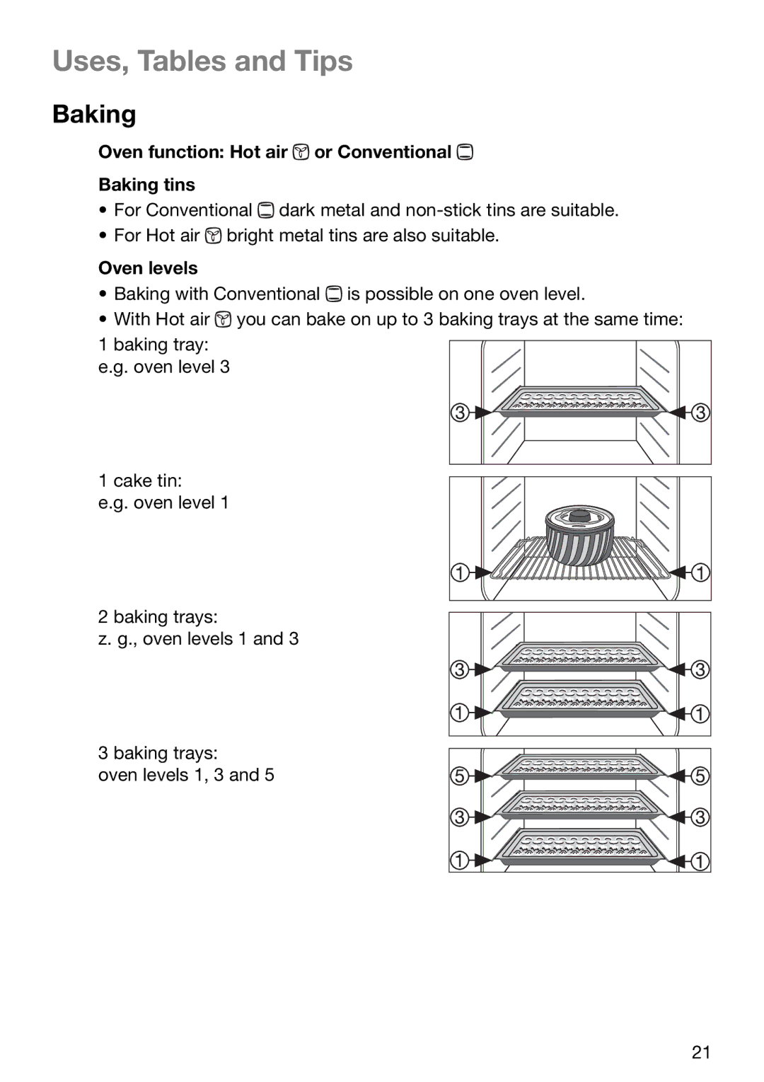 Electrolux EOB6637 manual Uses, Tables and Tips, Oven function Hot air or Conventional Baking tins, Oven levels 