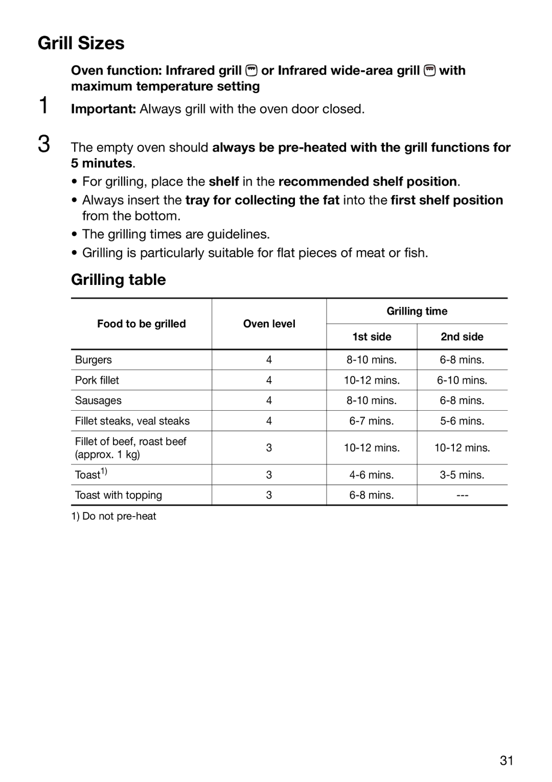 Electrolux EOB6637 manual Grill Sizes, Grilling table, Food to be grilled Oven level Grilling time 