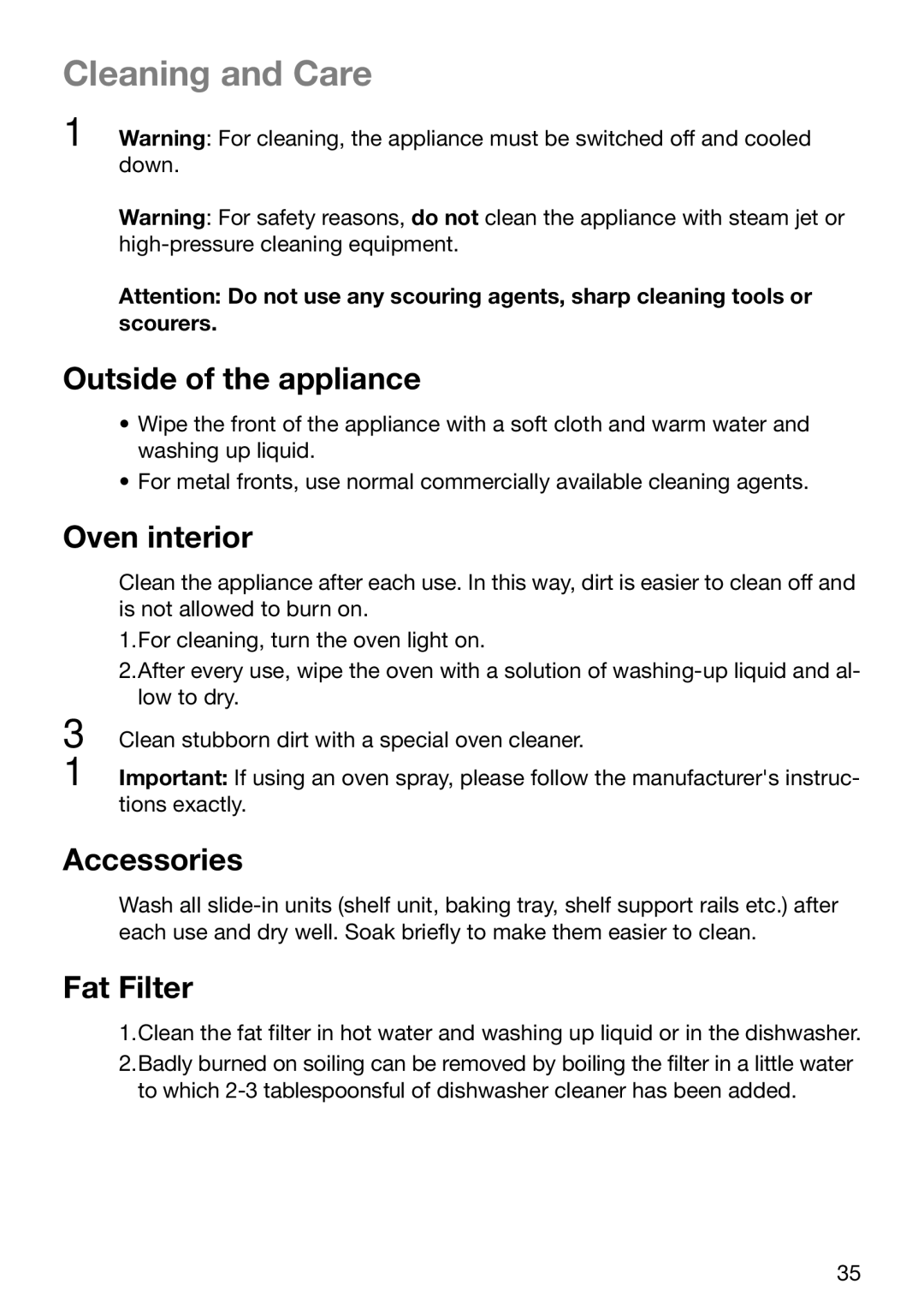 Electrolux EOB6637 manual Cleaning and Care, Outside of the appliance, Oven interior, Accessories, Fat Filter 