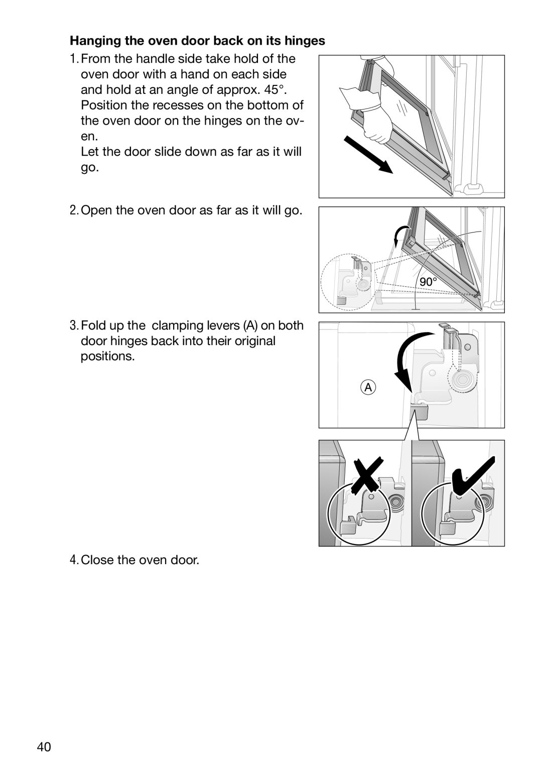 Electrolux EOB6637 manual Hanging the oven door back on its hinges 