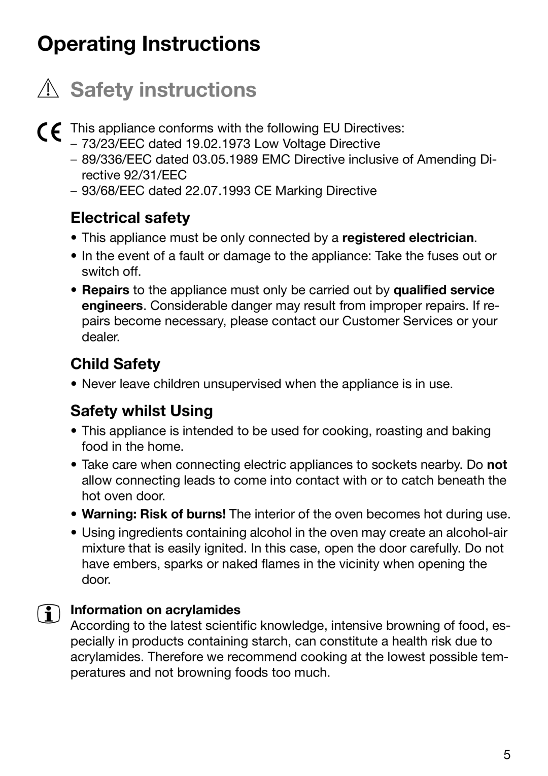 Electrolux EOB6637 Safety instructions, Electrical safety, Child Safety, Safety whilst Using, Information on acrylamides 