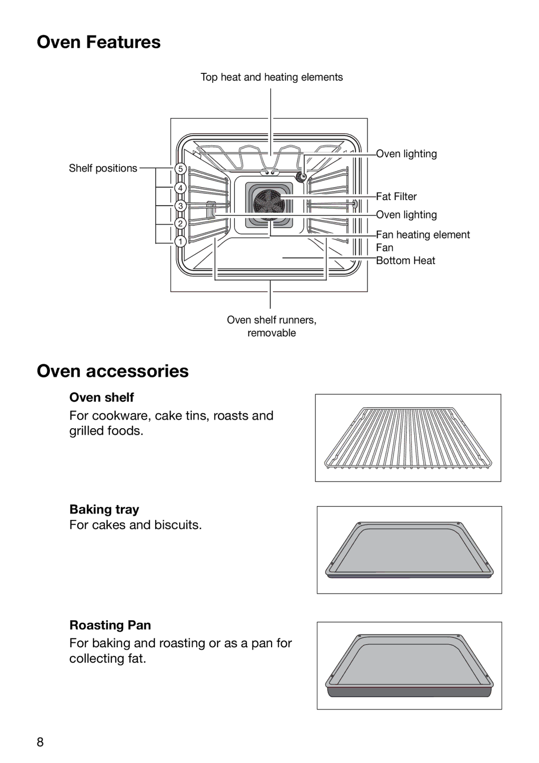 Electrolux EOB6637 manual Oven Features, Oven accessories, Oven shelf, Baking tray, Roasting Pan 