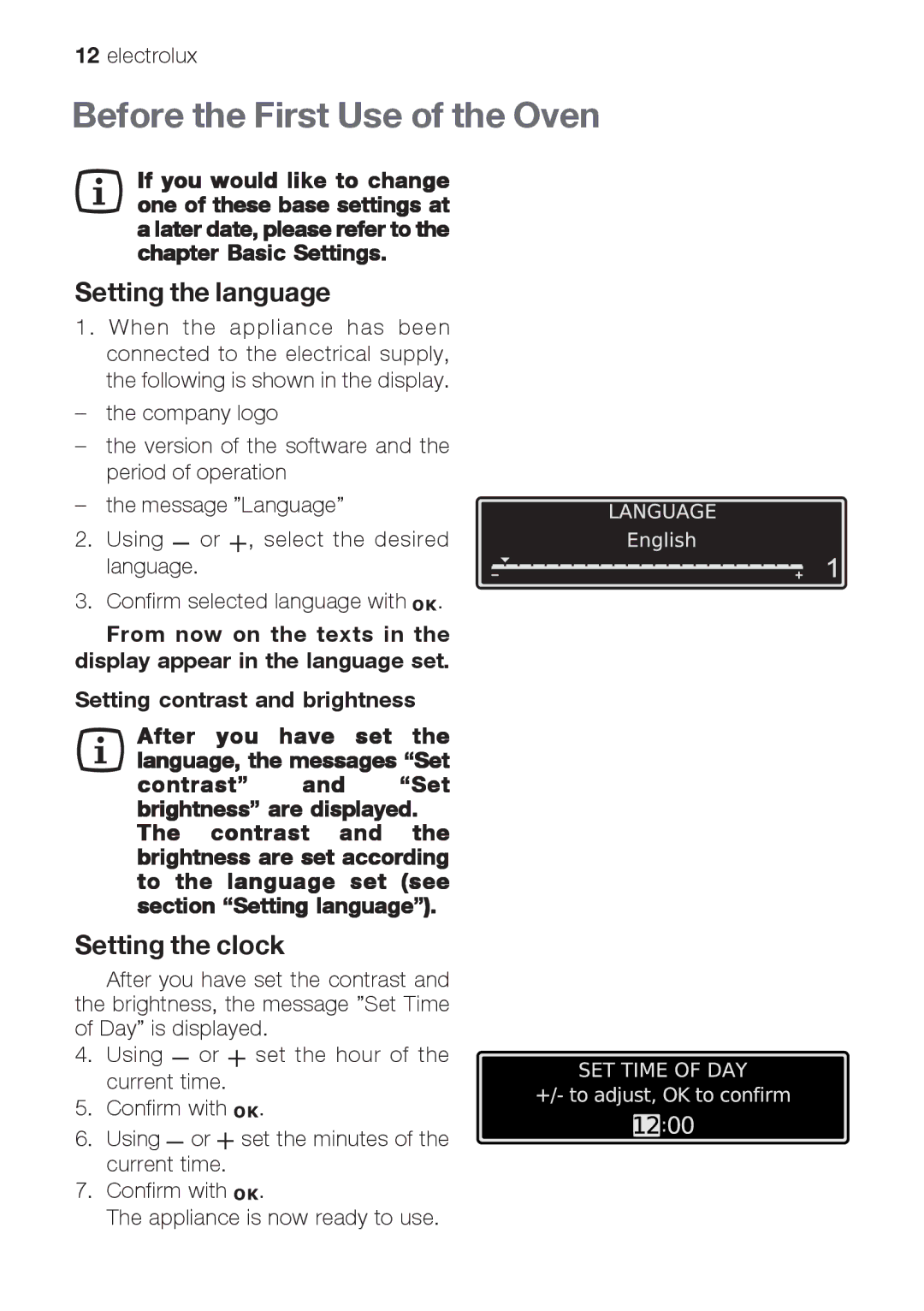 Electrolux EOB66714 user manual Before the First Use of the Oven, Setting the language, Setting the clock 