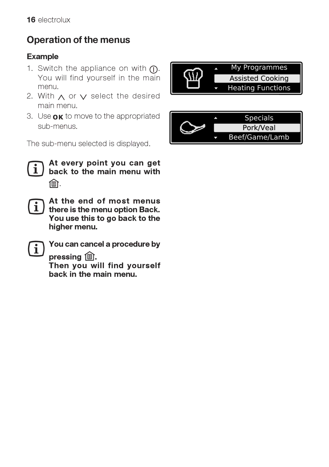 Electrolux EOB66714 user manual Operation of the menus, Example 