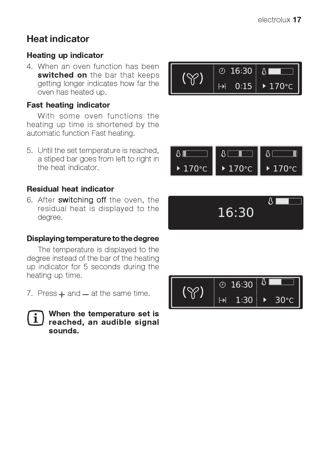 Electrolux EOB66714 user manual Heat indicator, Heating up indicator, Fast heating indicator, Residual heat indicator 