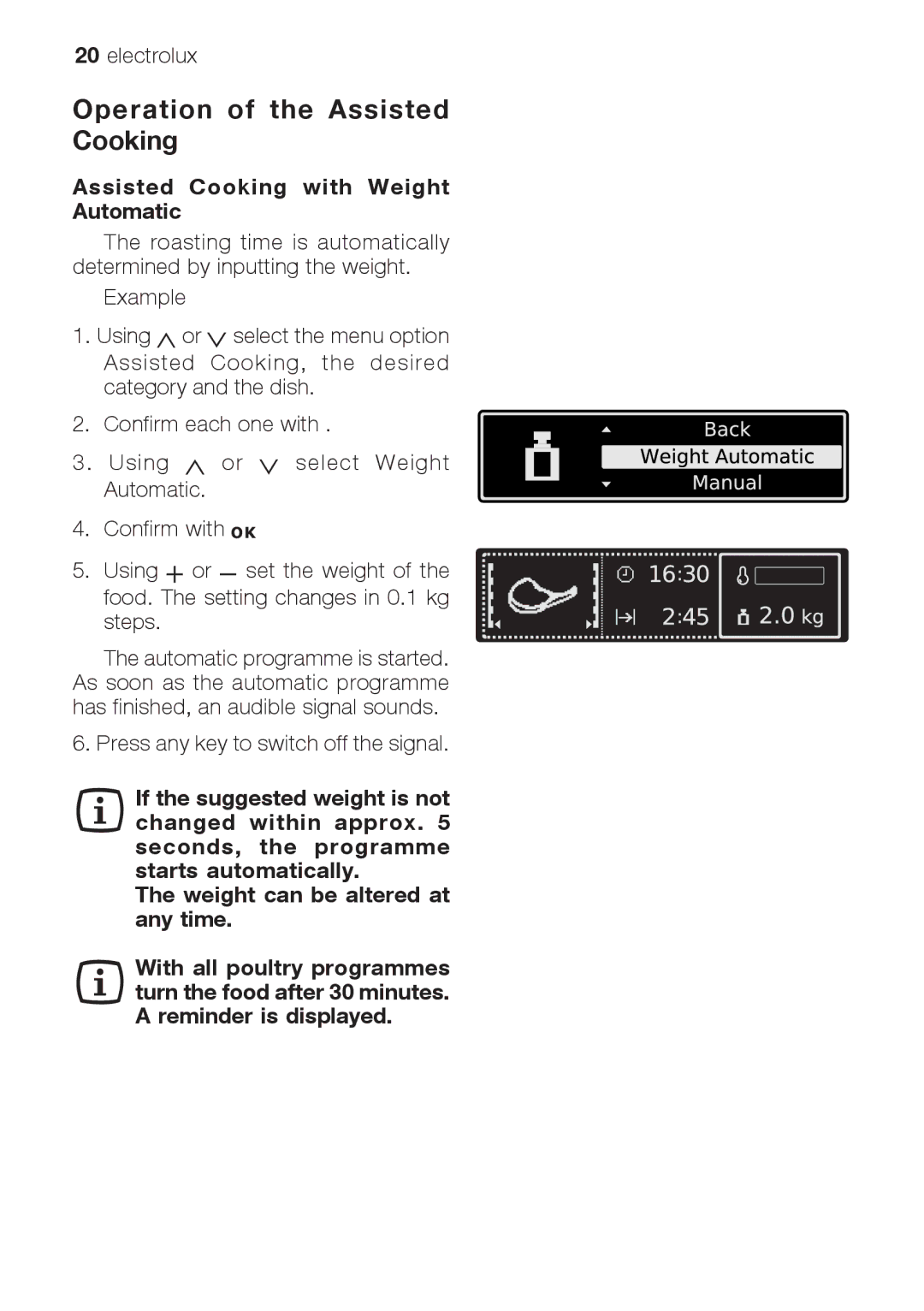 Electrolux EOB66714 user manual Operation of the Assisted Cooking, Assisted Cooking with Weight Automatic 