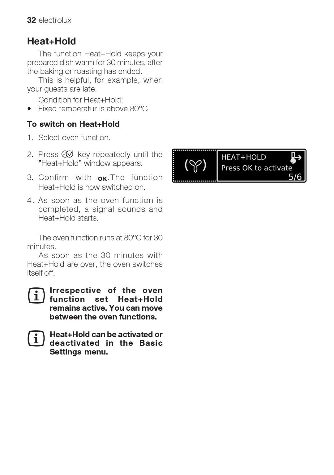 Electrolux EOB66714 user manual To switch on Heat+Hold 