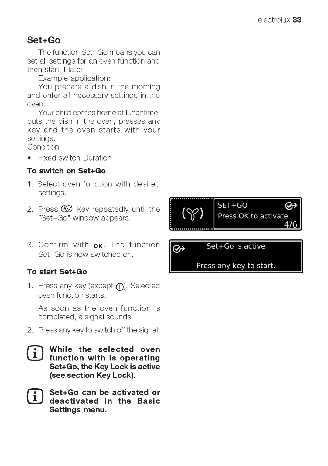 Electrolux EOB66714 user manual To switch on Set+Go, To start Set+Go 