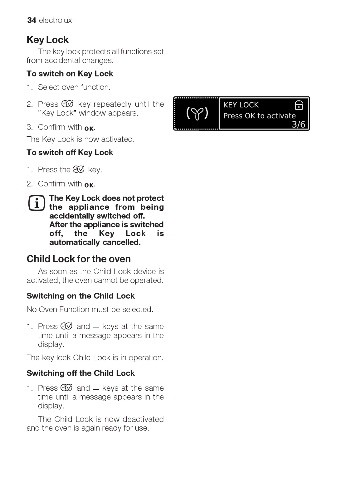 Electrolux EOB66714 user manual Key Lock, Child Lock for the oven 