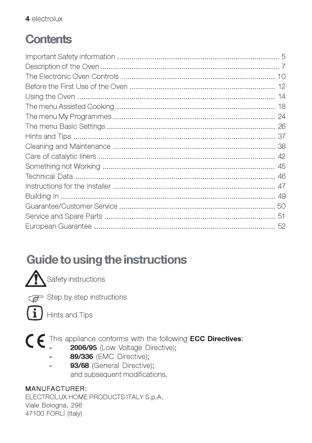 Electrolux EOB66714 user manual Contents, Guide to using the instructions 