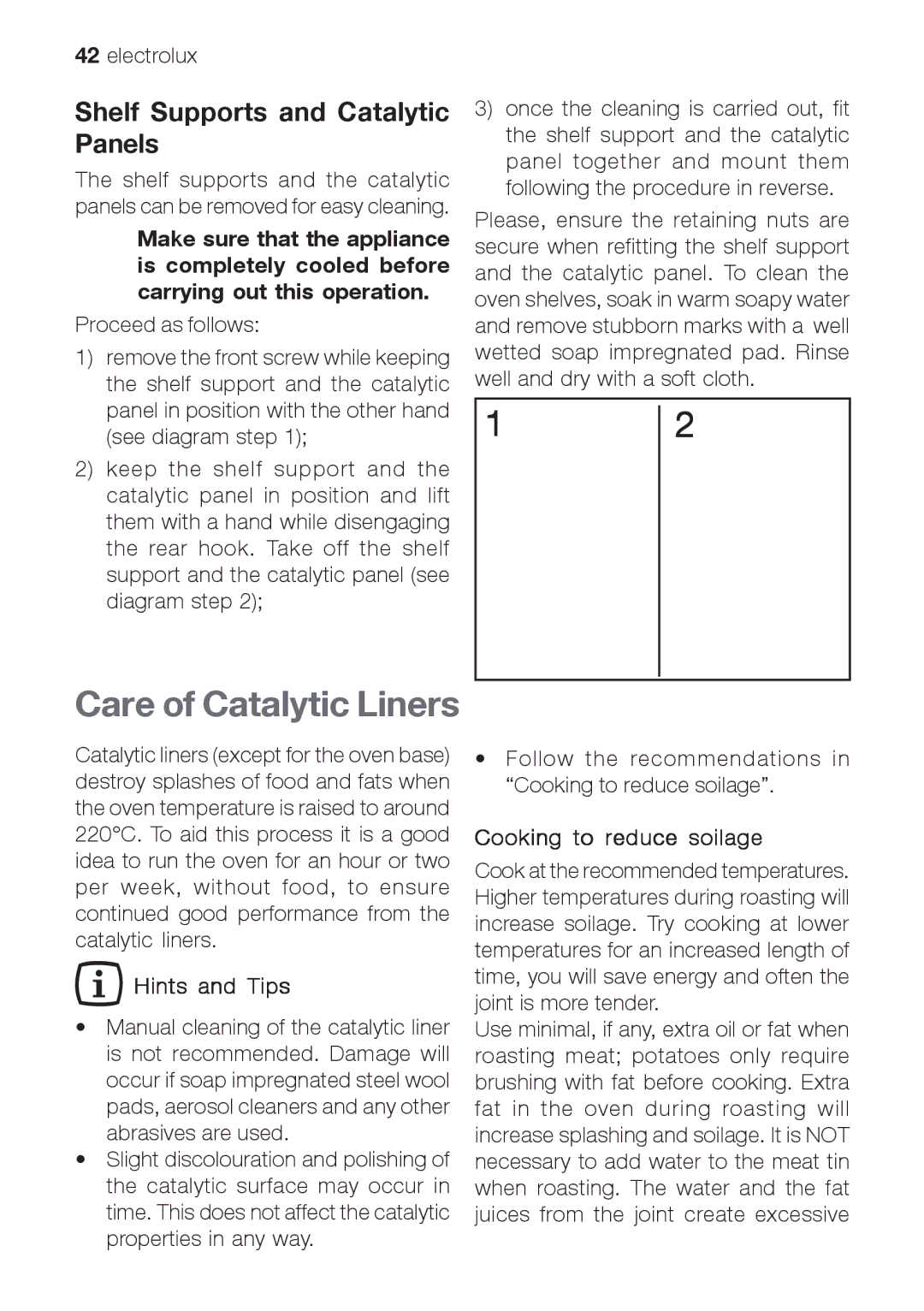 Electrolux EOB66714 user manual Care of Catalytic Liners, Shelf Supports and Catalytic Panels, Hints and Tips 