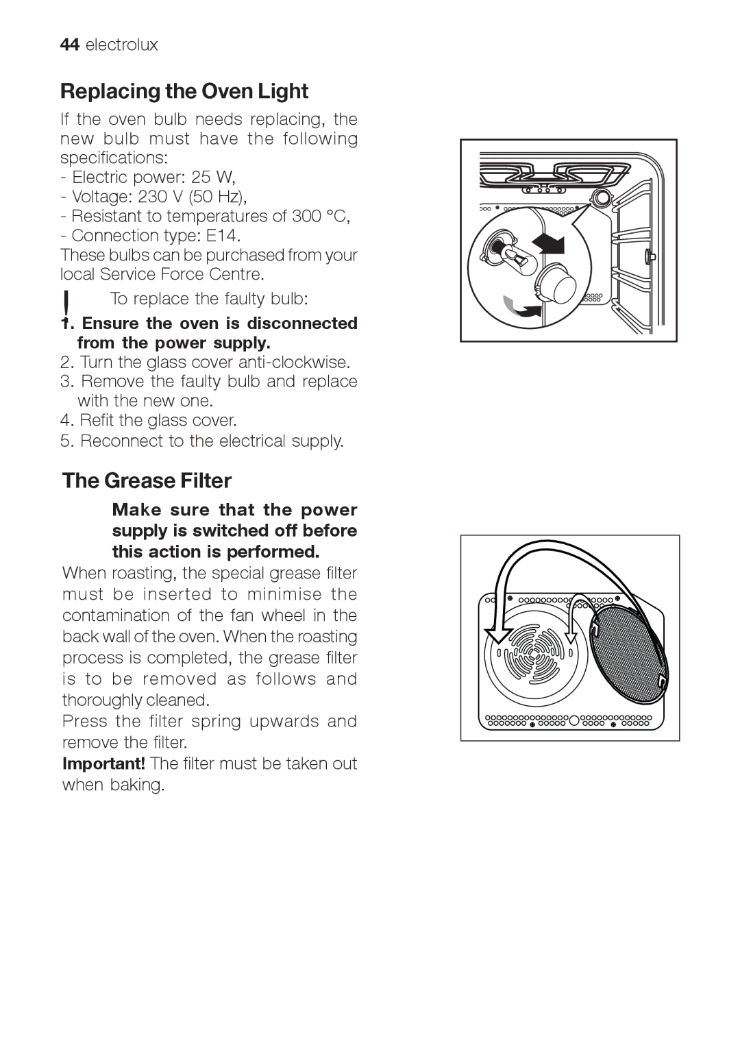 Electrolux EOB66714 Replacing the Oven Light, Grease Filter, Ensure the oven is disconnected from the power supply 