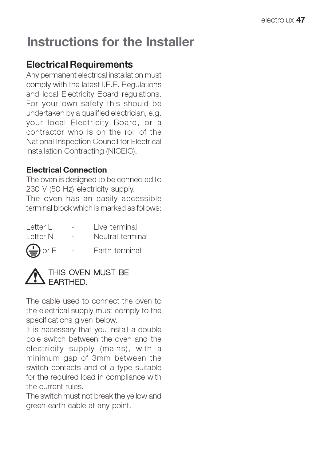 Electrolux EOB66714 user manual Instructions for the Installer, Electrical Requirements, Electrical Connection 