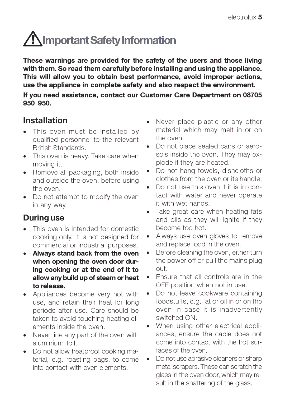 Electrolux EOB66714 user manual Important Safety Information, Installation, During use 