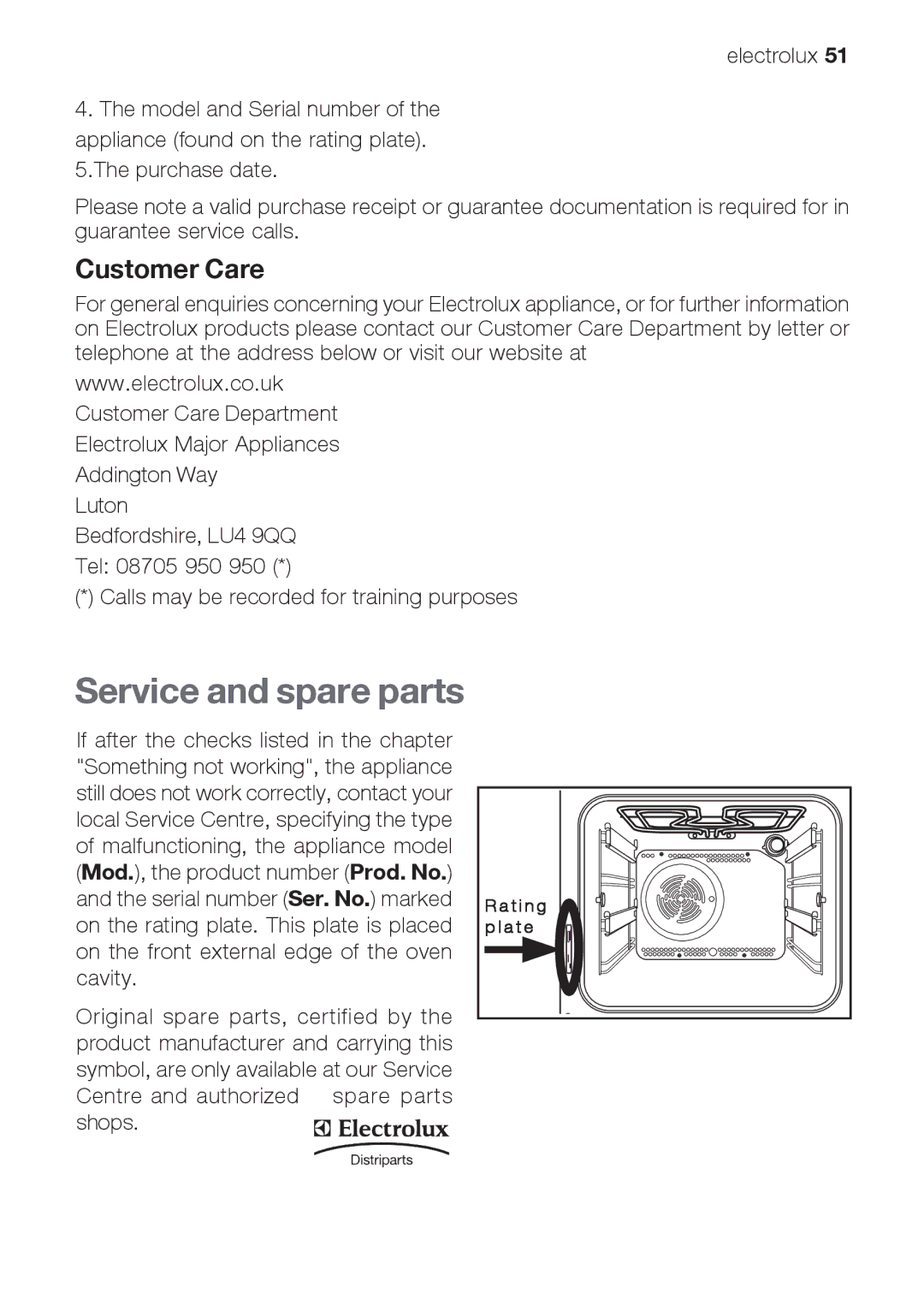 Electrolux EOB66714 user manual Service and spare parts, Customer Care 