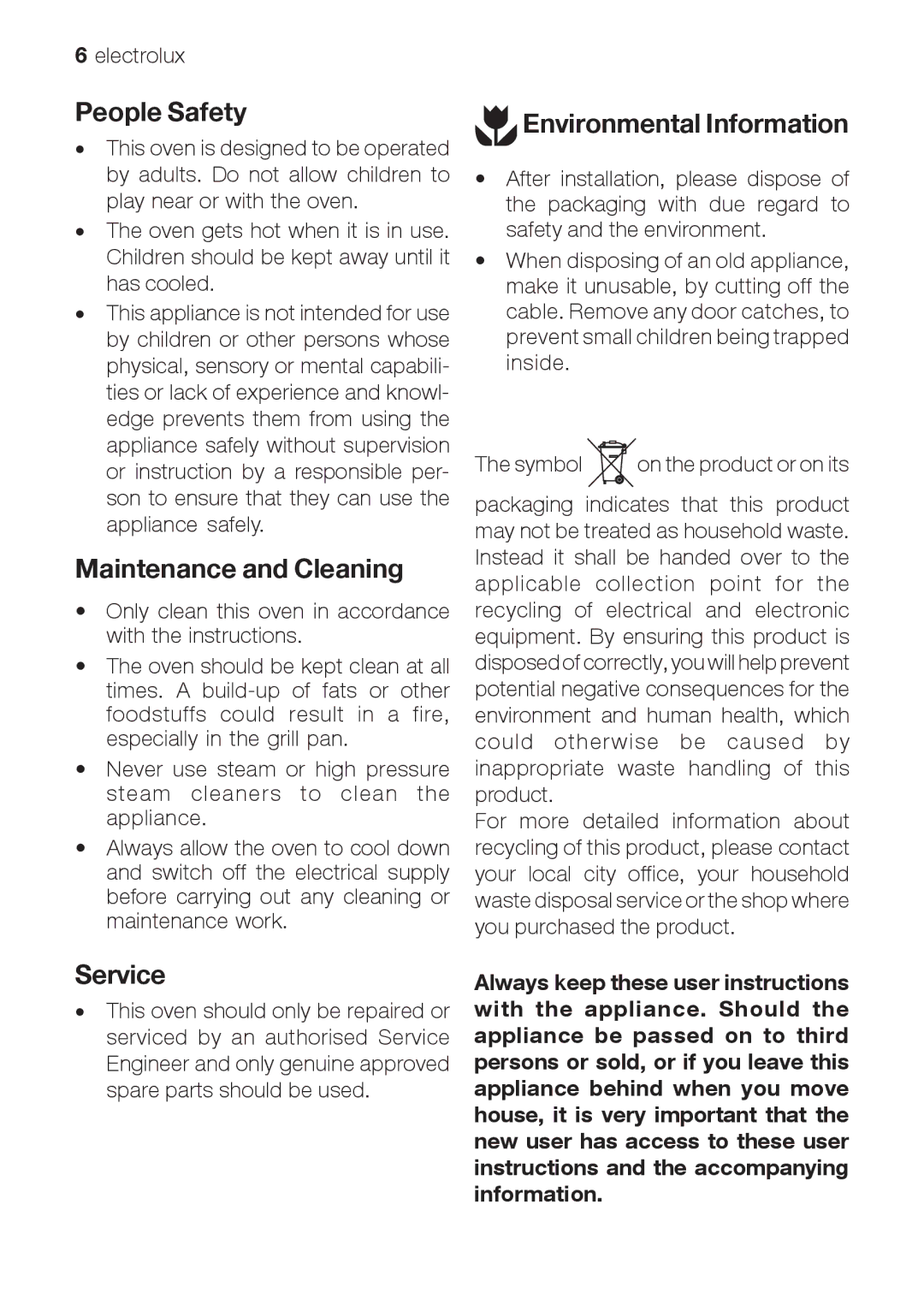 Electrolux EOB66714 user manual People Safety, Maintenance and Cleaning, Service, Environmental Information 