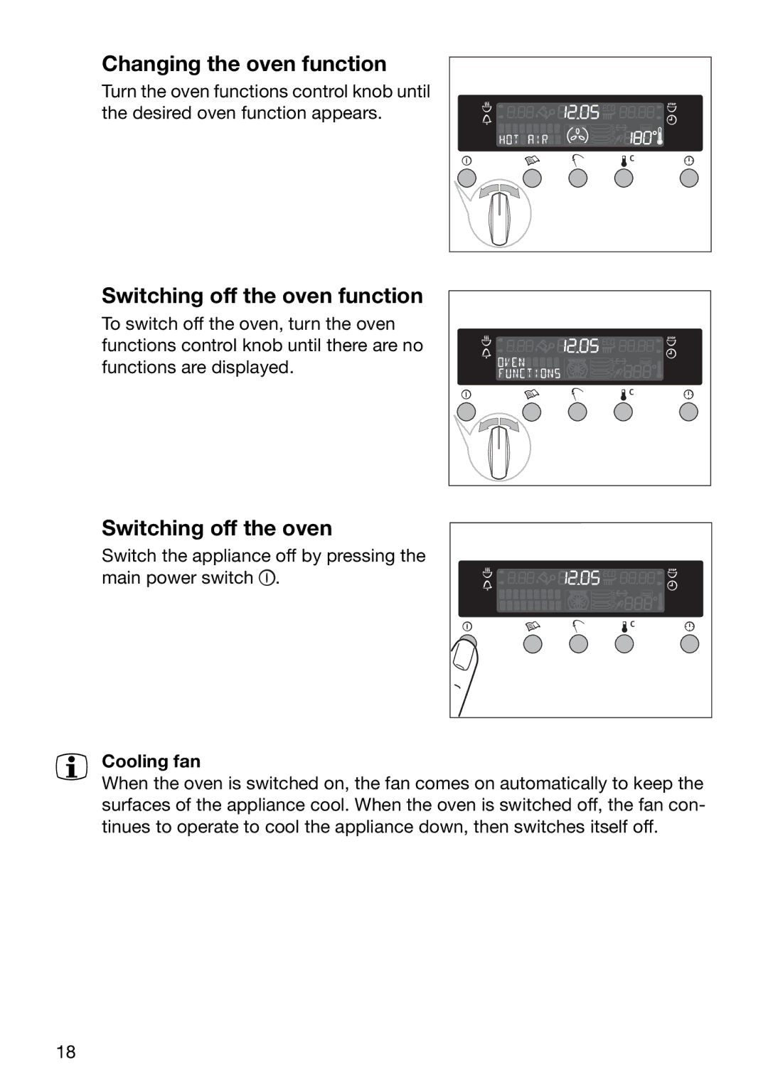 Electrolux EOB6696 manual Changing the oven function, Switching off the oven function, Cooling fan 