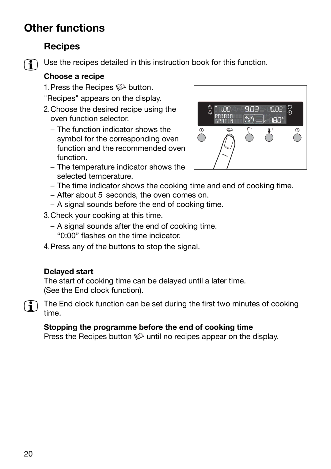 Electrolux EOB6696 manual Other functions, Recipes, Choose a recipe, Delayed start 