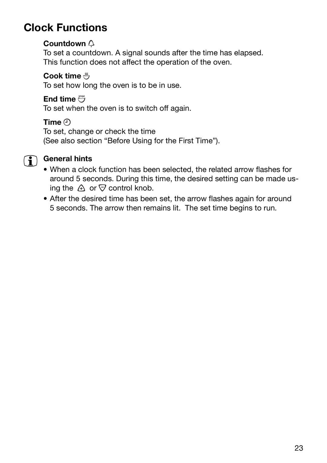 Electrolux EOB6696 manual Clock Functions, Countdown, Cook time, End time, Time 