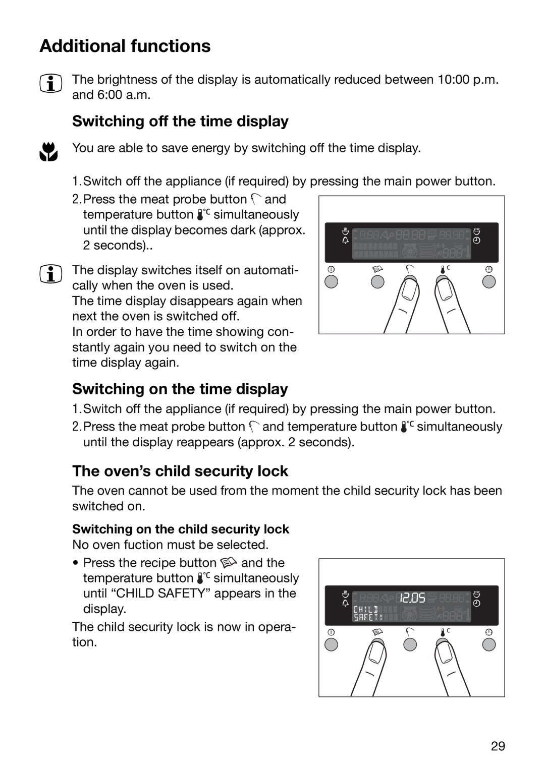 Electrolux EOB6696 manual Additional functions, Switching off the time display, Switching on the time display 