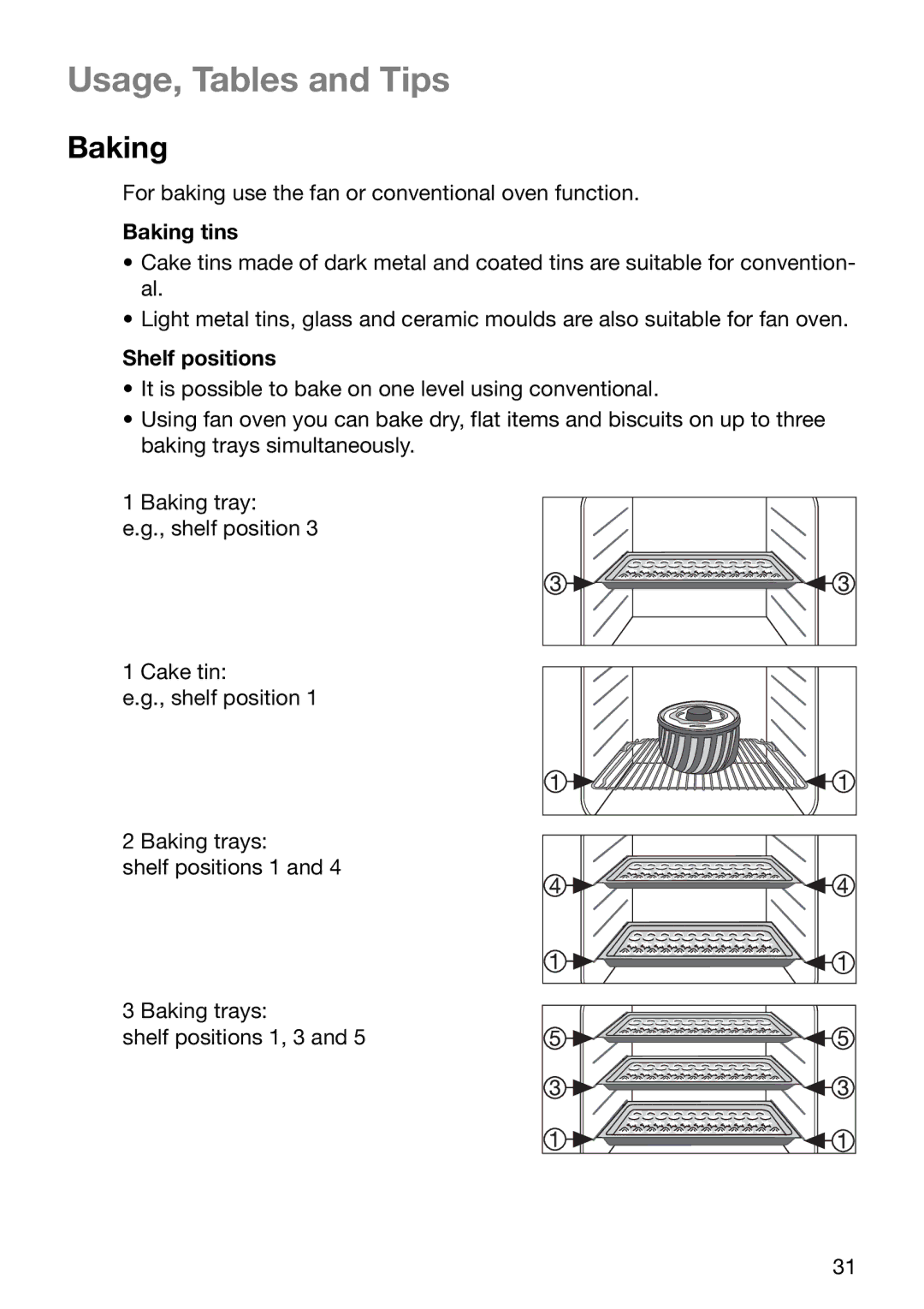 Electrolux EOB6696 manual Usage, Tables and Tips, Baking tins, Shelf positions 