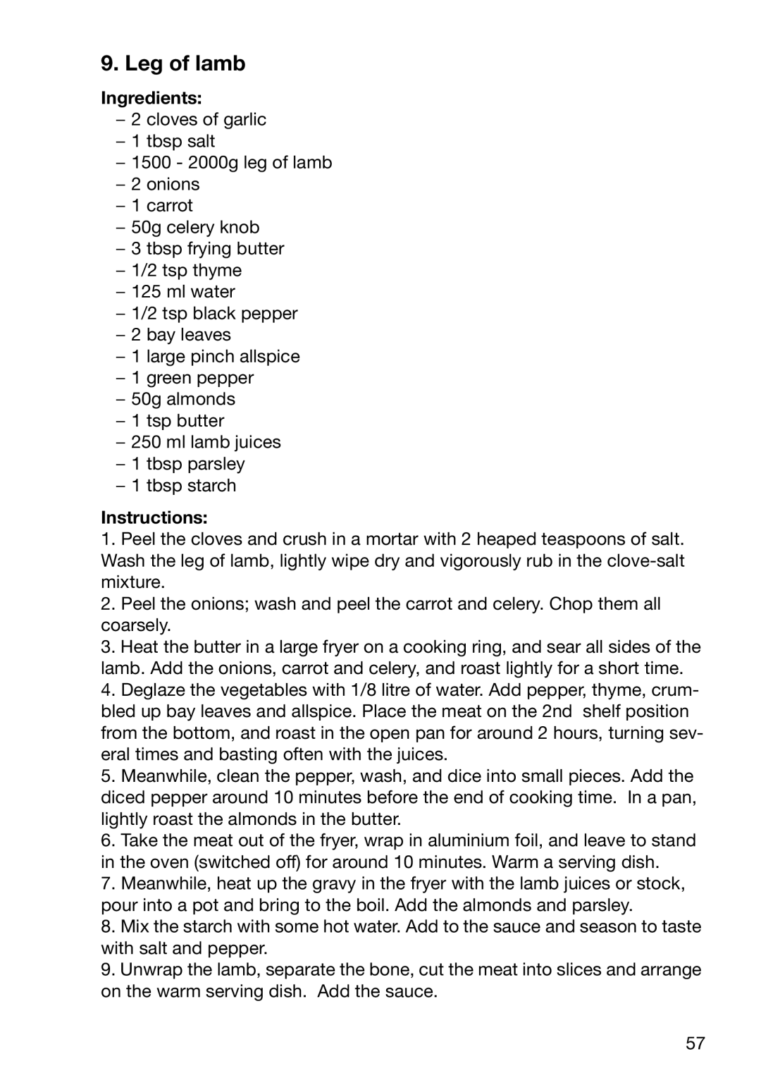 Electrolux EOB6696 manual Leg of lamb 