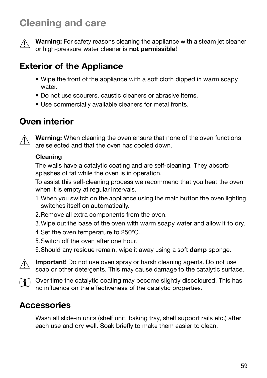 Electrolux EOB6696 manual Cleaning and care, Exterior of the Appliance, Oven interior, Accessories 