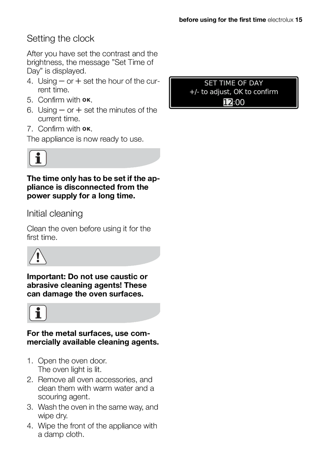 Electrolux EOB98000 user manual Setting the clock, Initial cleaning 