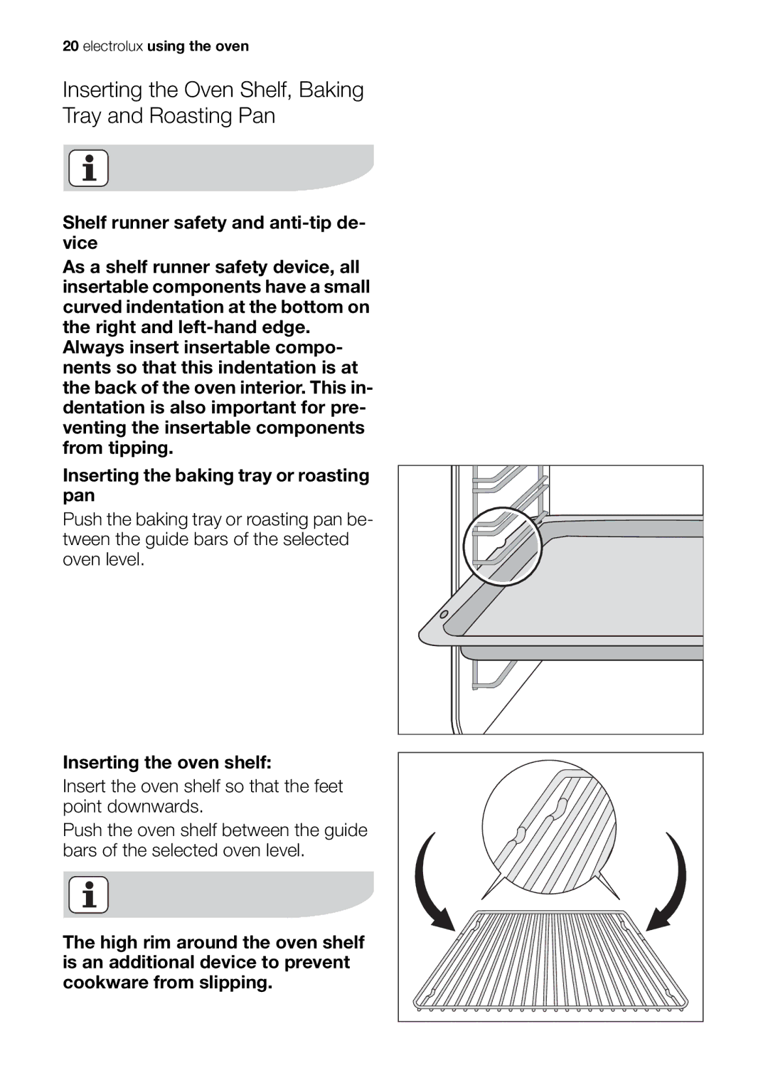 Electrolux EOB98000 user manual Inserting the Oven Shelf, Baking Tray and Roasting Pan 