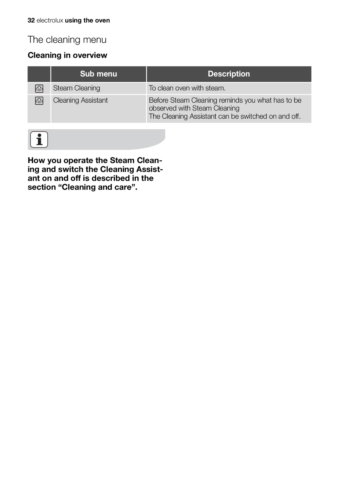 Electrolux EOB98000 user manual Cleaning menu 