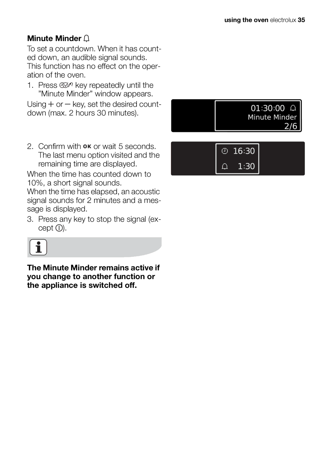 Electrolux EOB98000 user manual Press key repeatedly until the Minute Minder window appears 