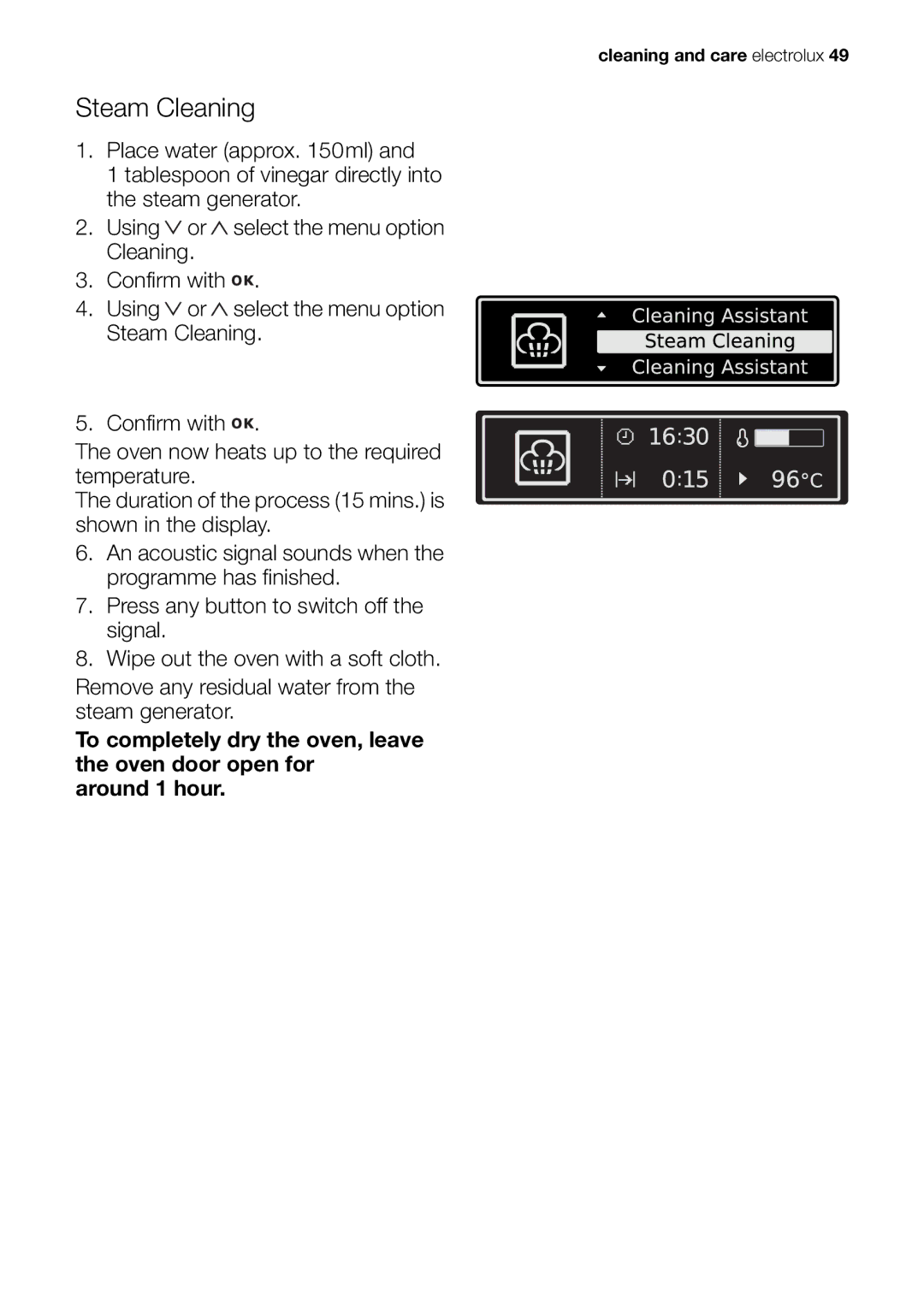 Electrolux EOB98000 user manual Steam Cleaning 