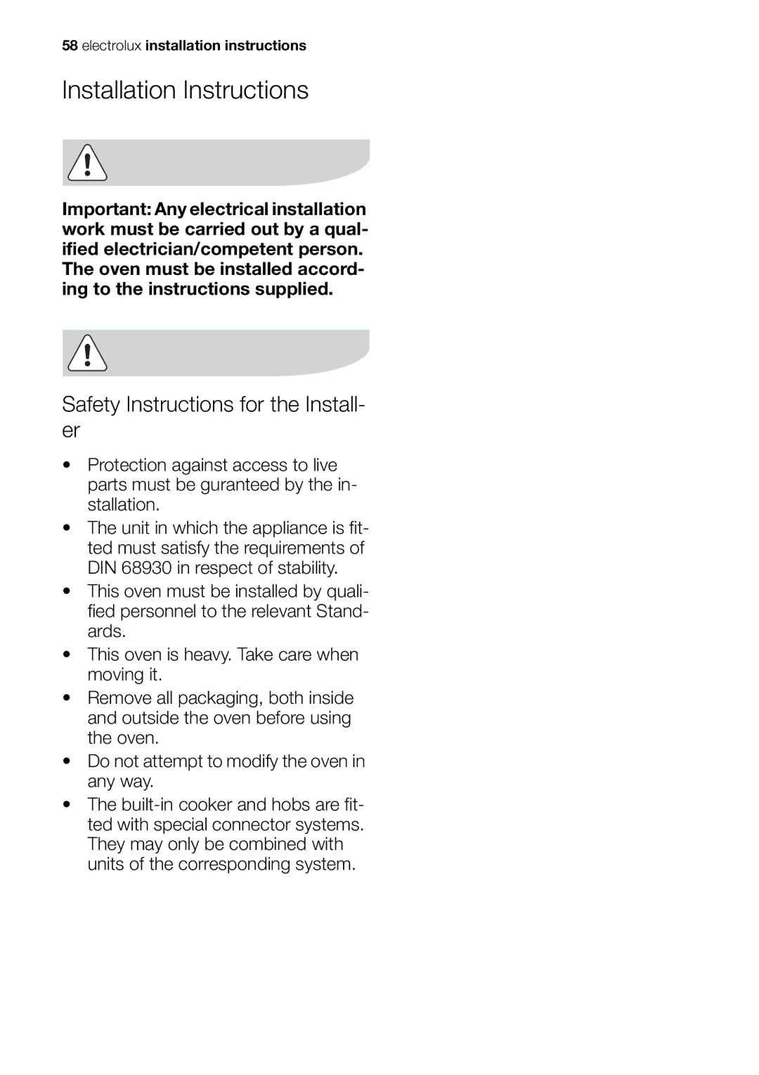 Electrolux EOB98000 user manual Installation Instructions, Safety Instructions for the Install- er 