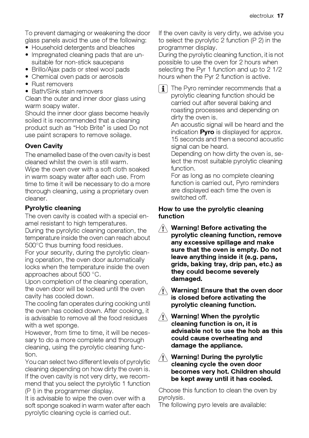 Electrolux EOC 66700 user manual Oven Cavity, Pyrolytic cleaning, How to use the pyrolytic cleaning function 