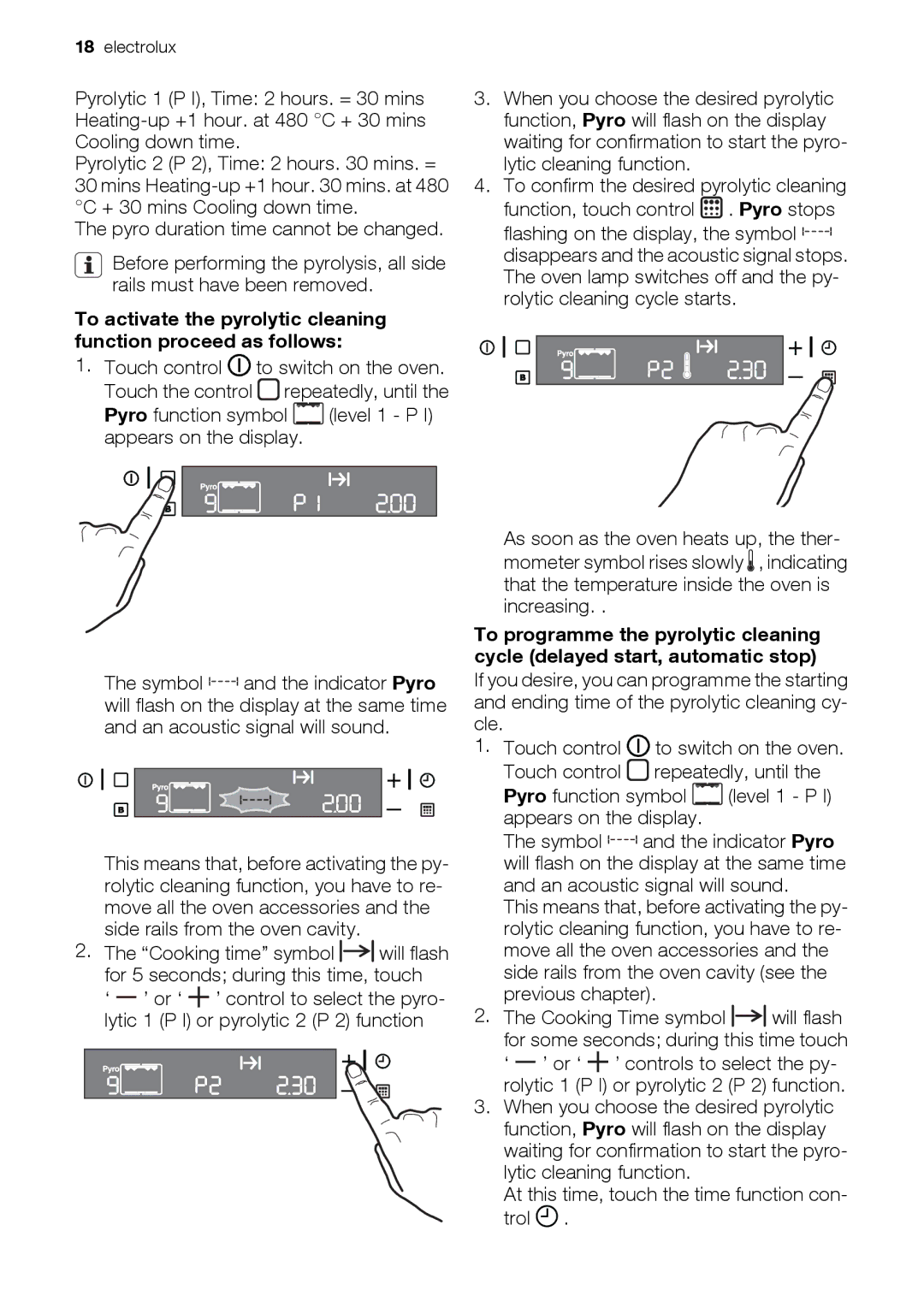 Electrolux EOC 66700 user manual Pyro function symbol level 1 P I appears on the display 