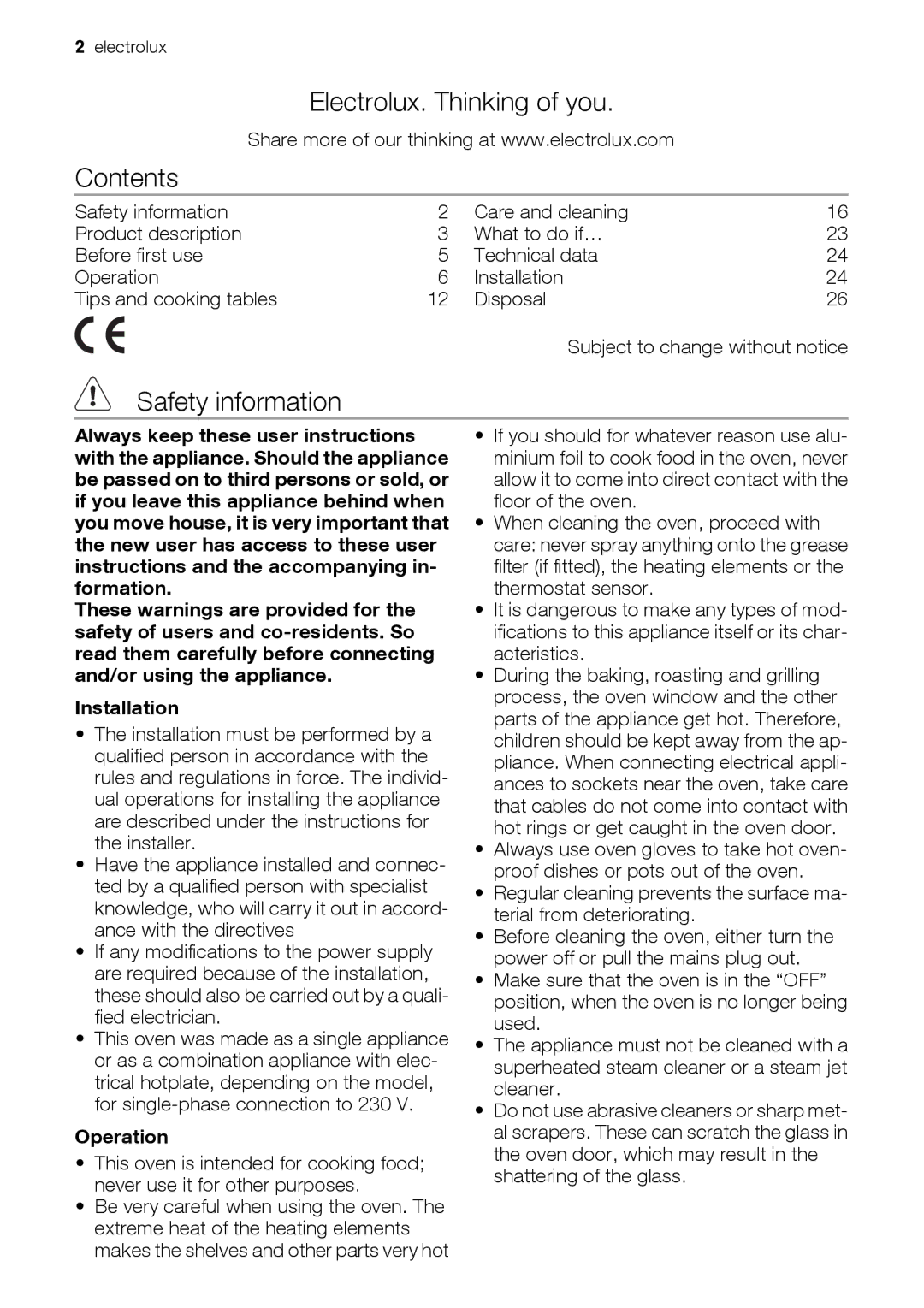 Electrolux EOC 66700 user manual Electrolux. Thinking of you Contents, Safety information 