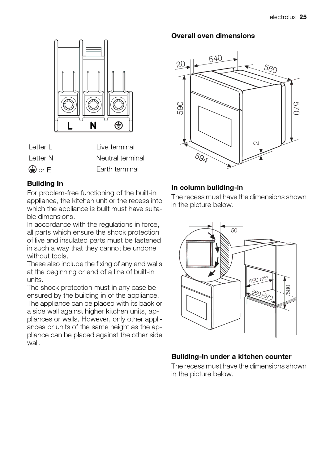 Electrolux EOC 66700 user manual Overall oven dimensions, Column building-in, Building-in under a kitchen counter 