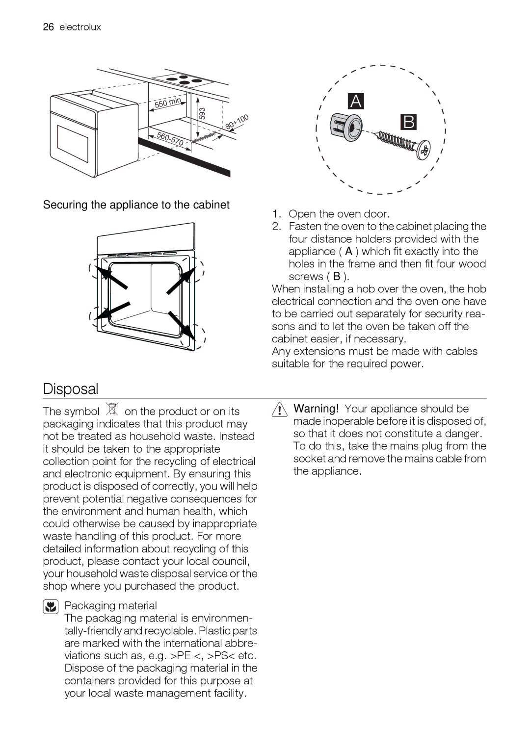 Electrolux EOC 66700 user manual Disposal, Securing the appliance to the cabinet, Packaging material 