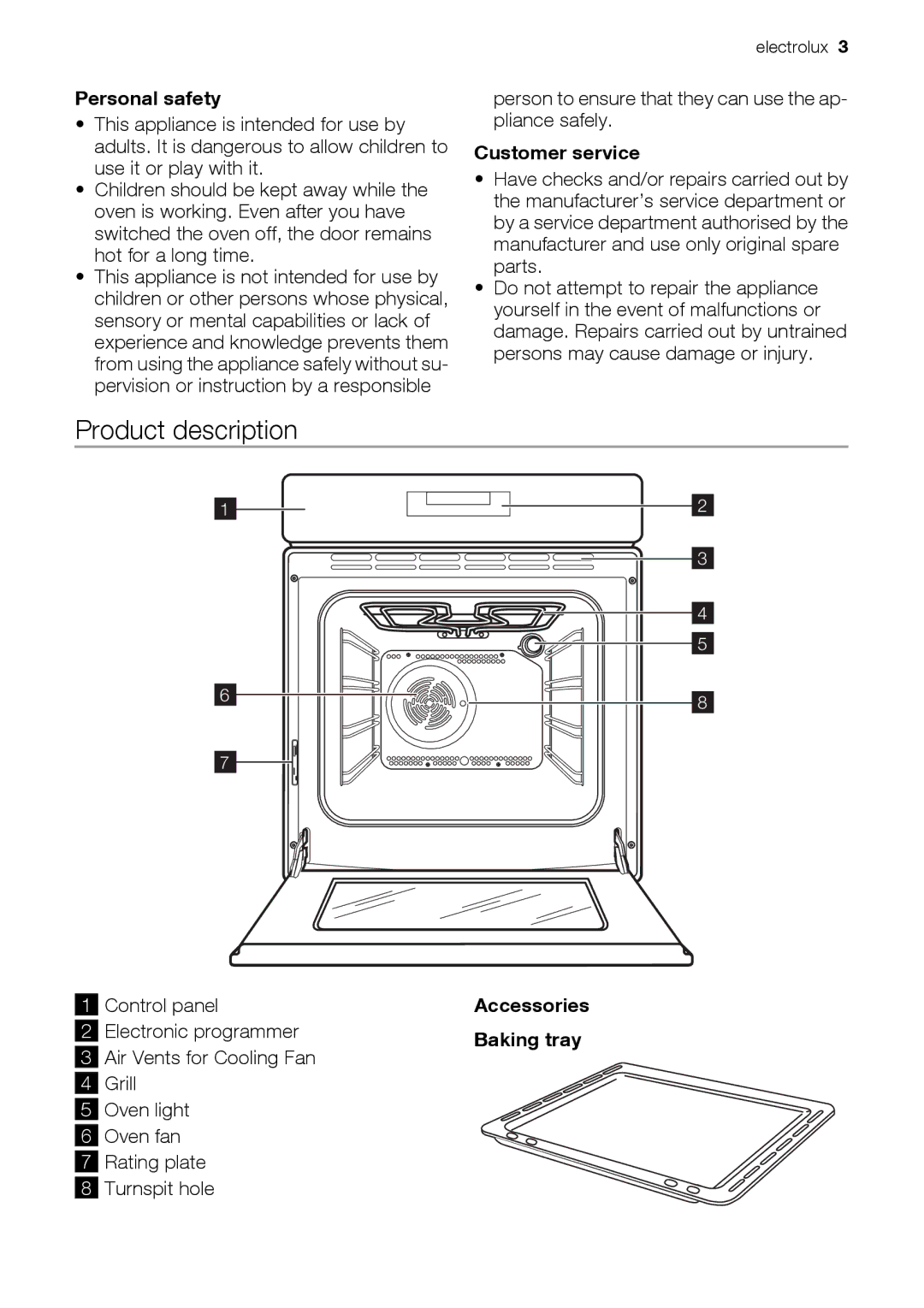 Electrolux EOC 66700 user manual Product description, Personal safety, Customer service 