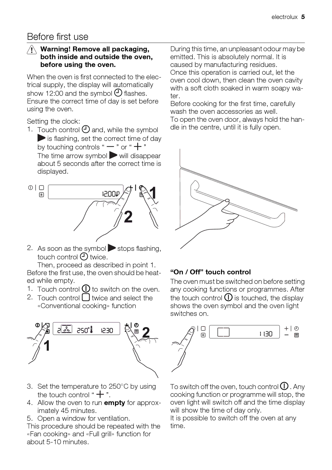 Electrolux EOC 66700 user manual Before first use, By touching controls Time arrow symbol, On / Off touch control 