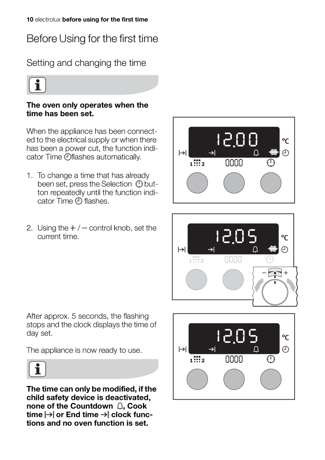 Electrolux EOC65101 user manual Before Using for the first time, Setting and changing the time 