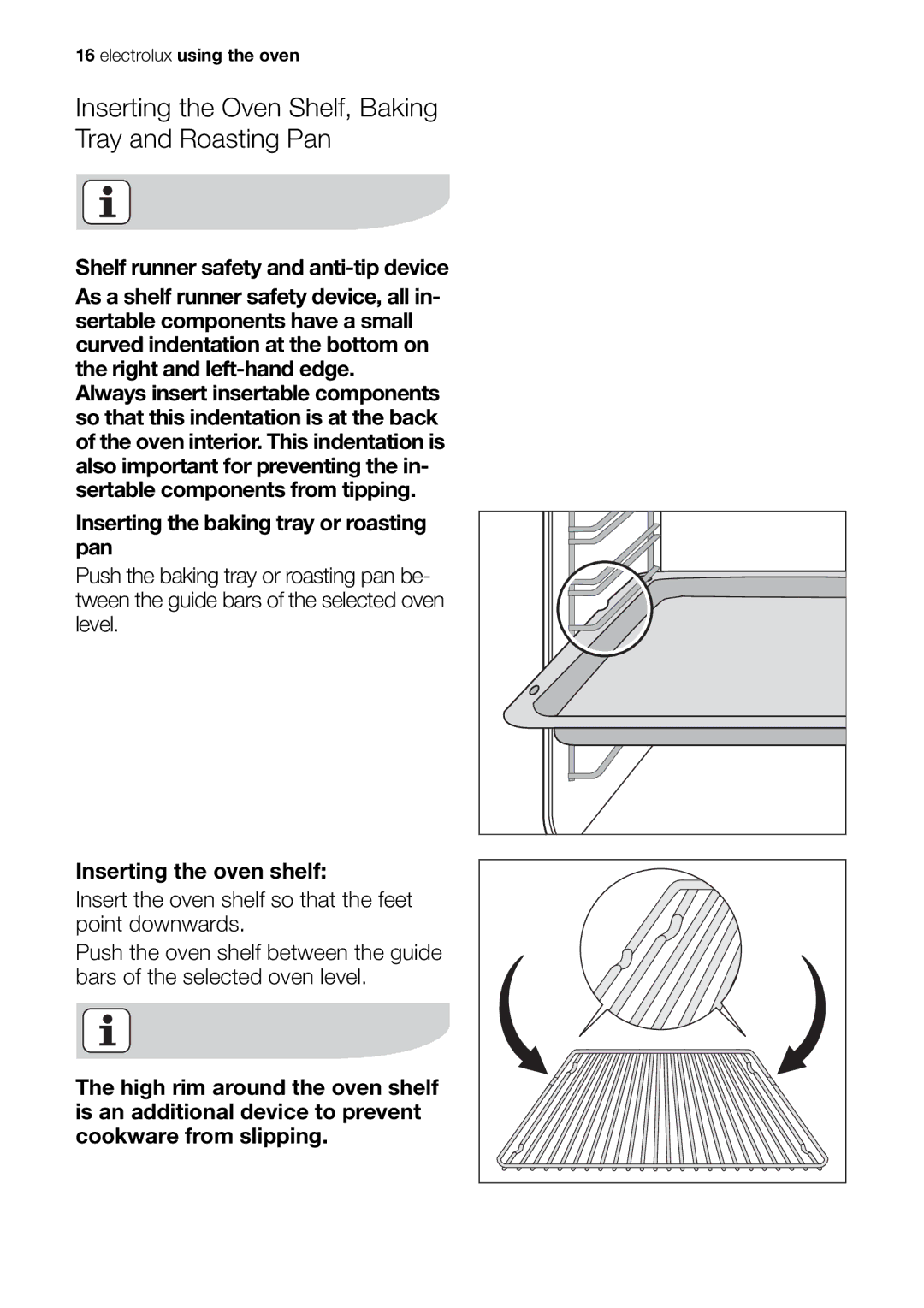 Electrolux EOC65101 user manual Inserting the Oven Shelf, Baking Tray and Roasting Pan 